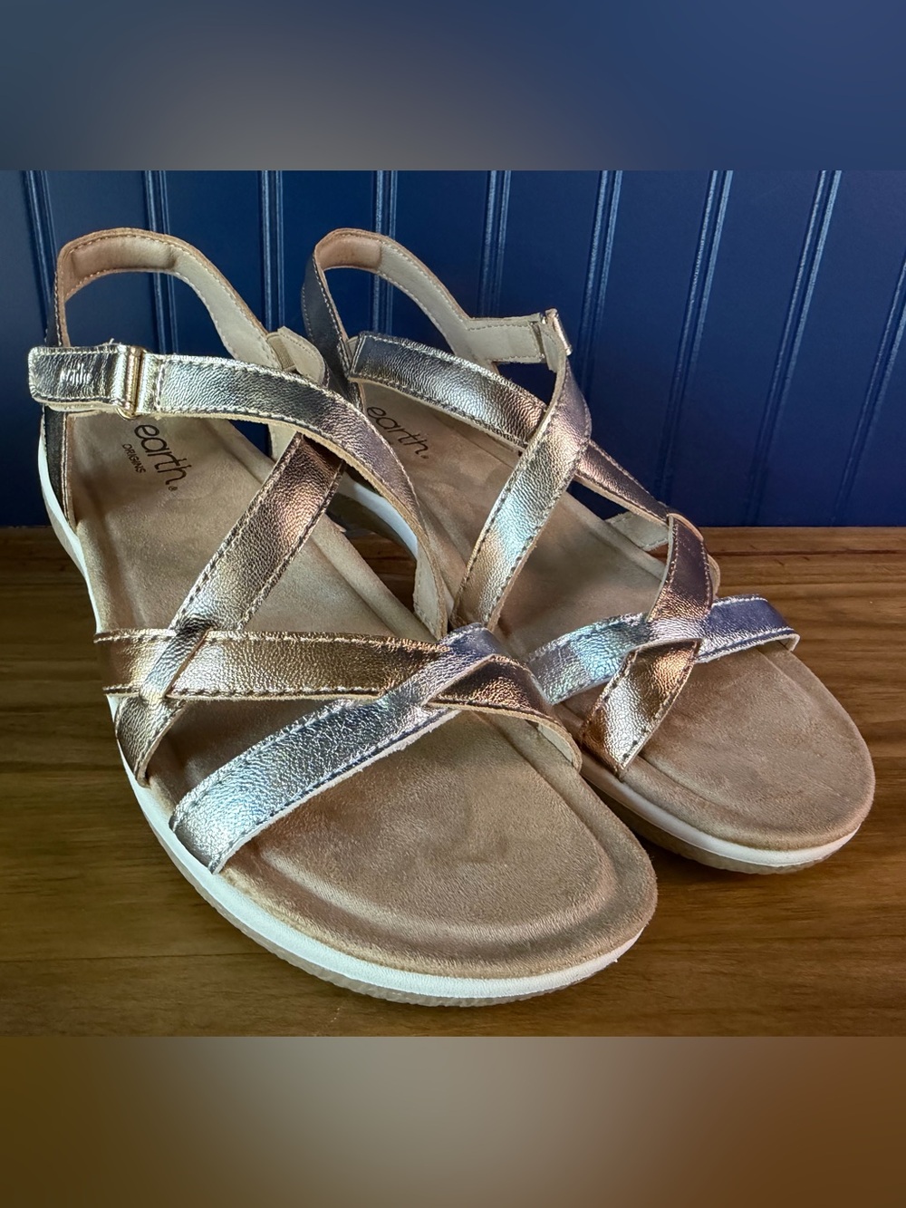 Earth Sterling Silver Metallic Leather Comfort Sandals Women’s NIB
